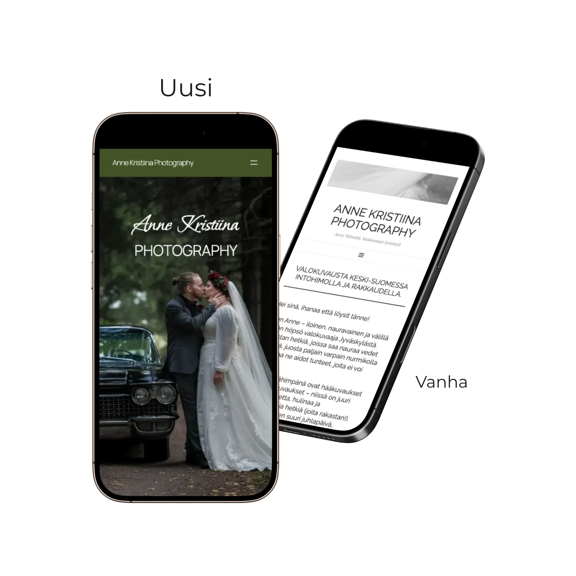 Anne Kristiina Photography -sivusto mobiilissa, uusi ja vanha